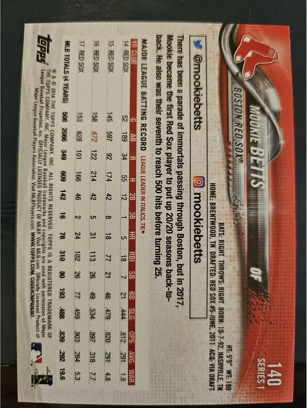 Mookie Betts - RARE batting photo - 2018 Topps  #140 - RAW Mint